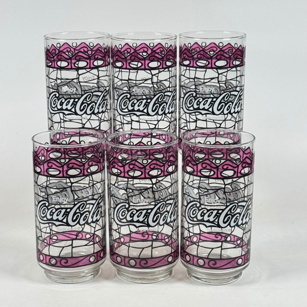 Vintage Coca-Cola Tiffany Style Stained Glass Pink Tumbler Set of 6 Drinking Cup